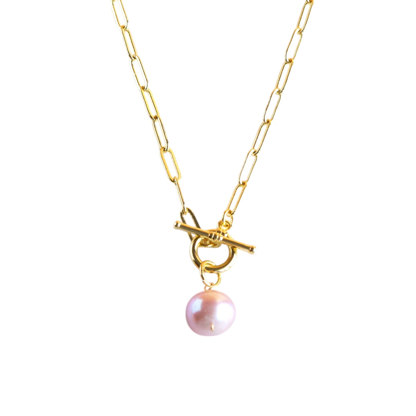 Limited Edition 18K Gold-Fill Paperclip Necklace with Rare Pink Freshwater Pearl & Toggle Clasp