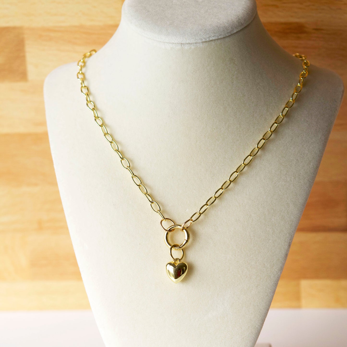 18K Gold Filled Puffy Heart Necklace – Trendy Carabiner Chain, Layering Necklace