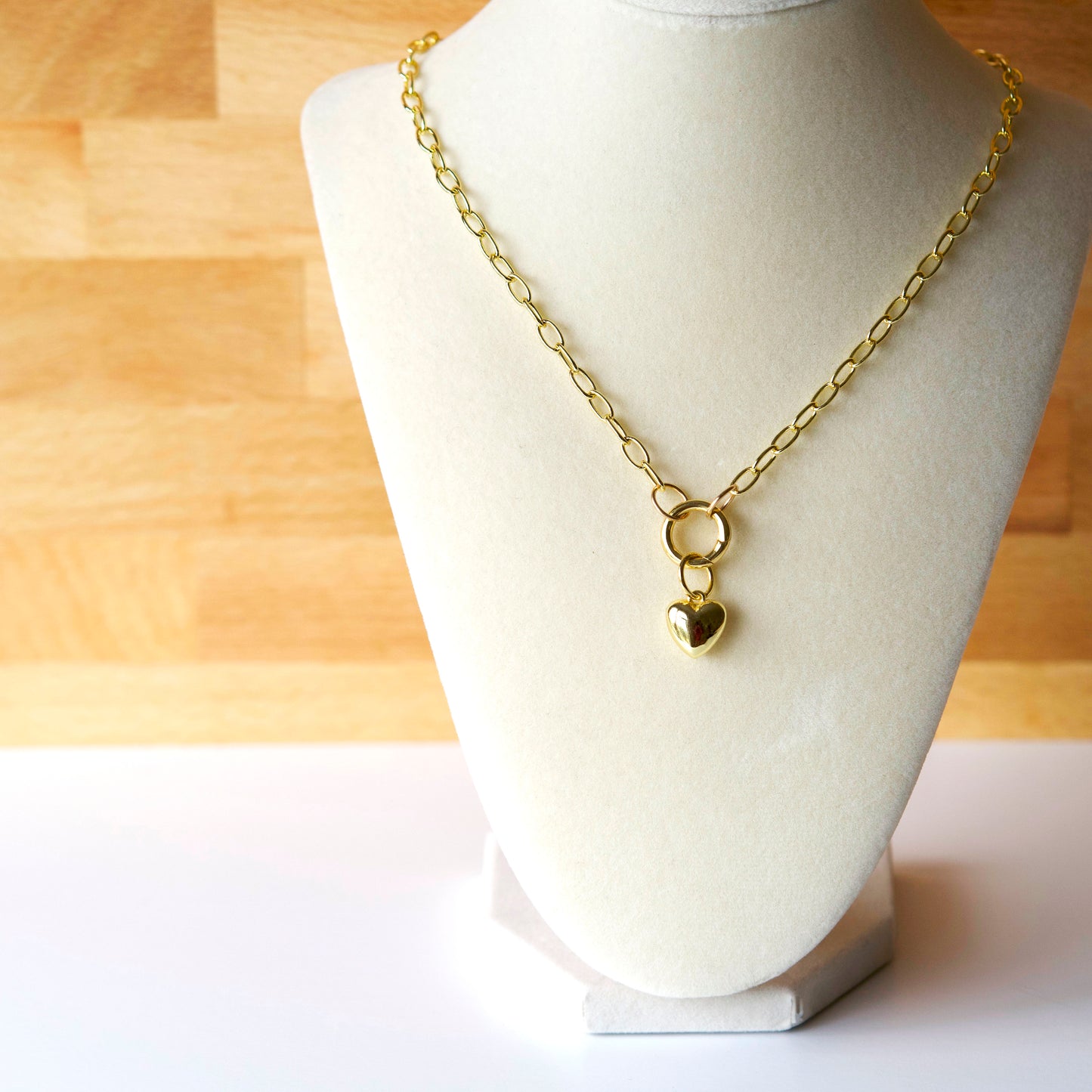 18K Gold Filled Puffy Heart Necklace – Trendy Carabiner Chain, Layering Necklace