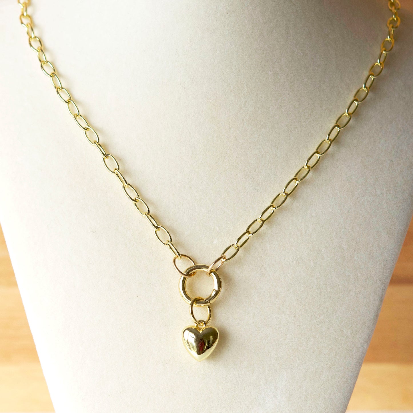 18K Gold Filled Puffy Heart Necklace – Trendy Carabiner Chain, Layering Necklace