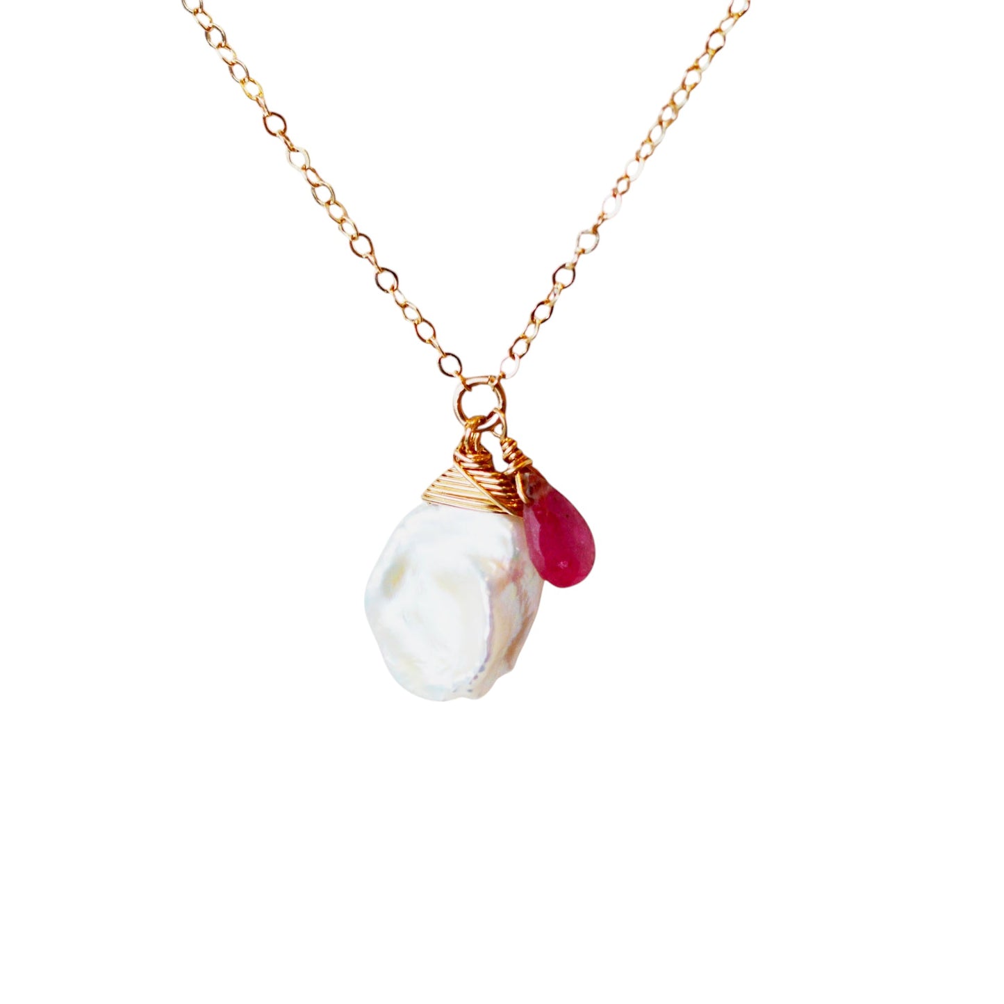 Keshi Pearl Necklace with a Pink Sapphire and Sky Blue Topaz