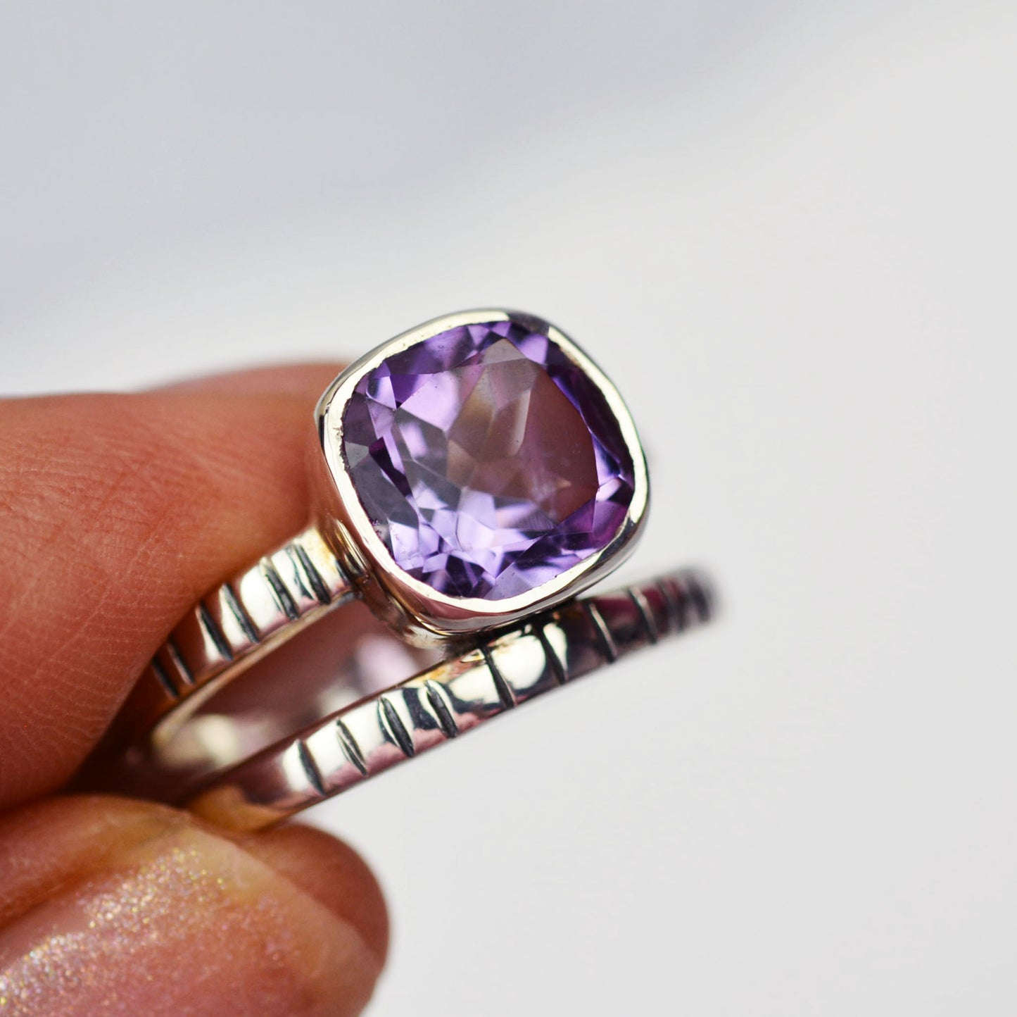 Sterling Silver Square Cut Amethyst Ring