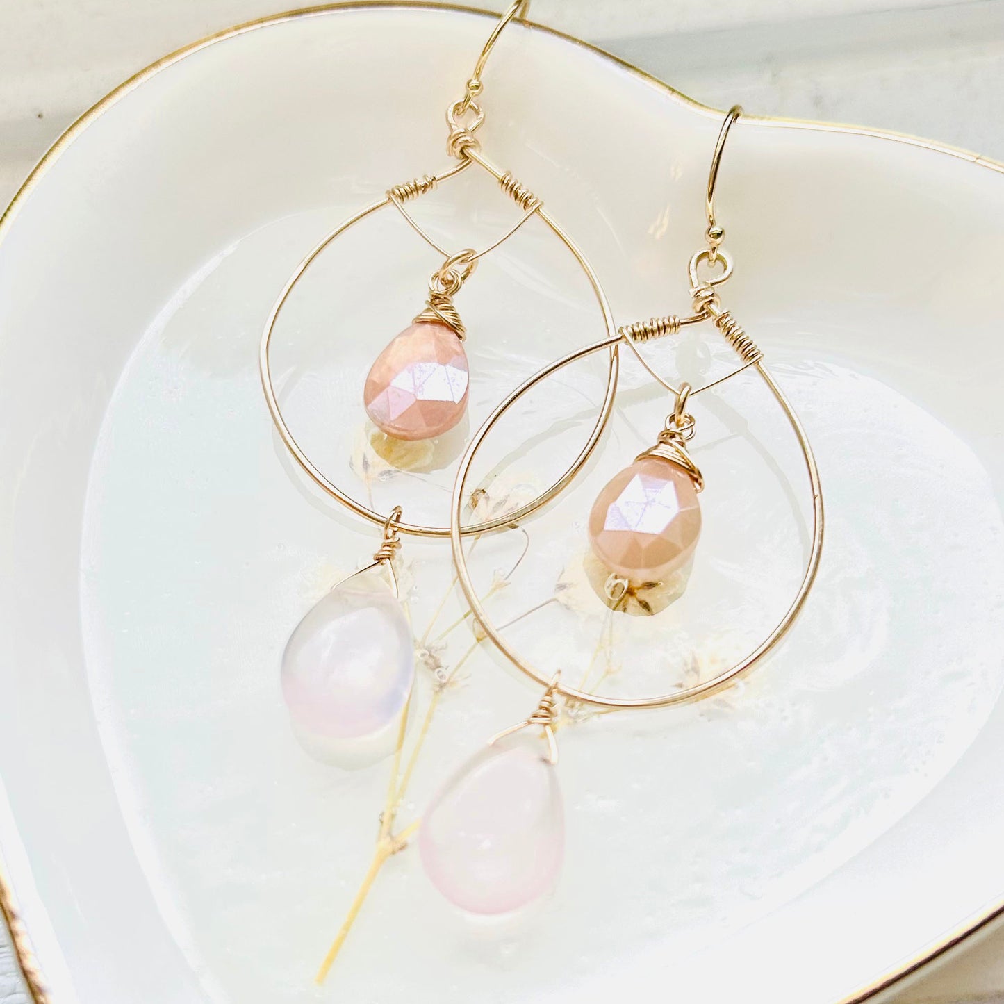 Gold Fill Hoop Earrings with Moonstone and Rose quarts gemstones