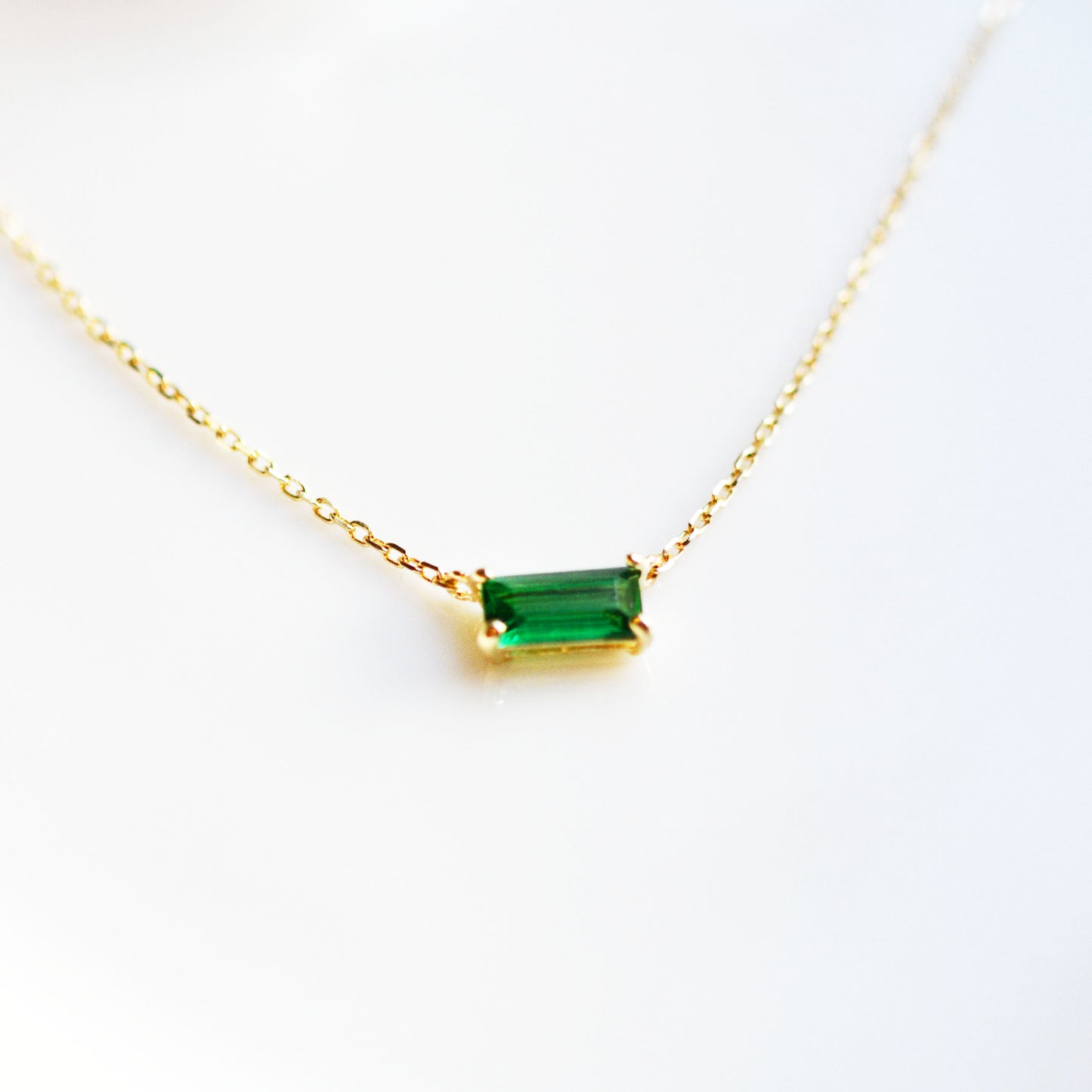 14K Solid Gold Green Baquette Necklace