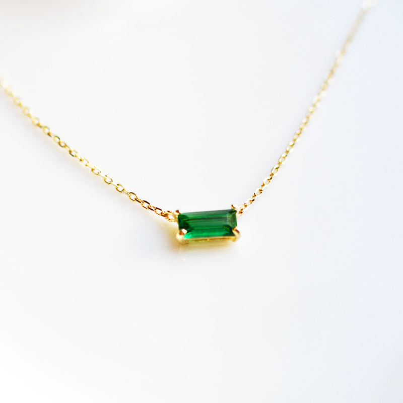 14K Solid Gold Green Baquette Necklace