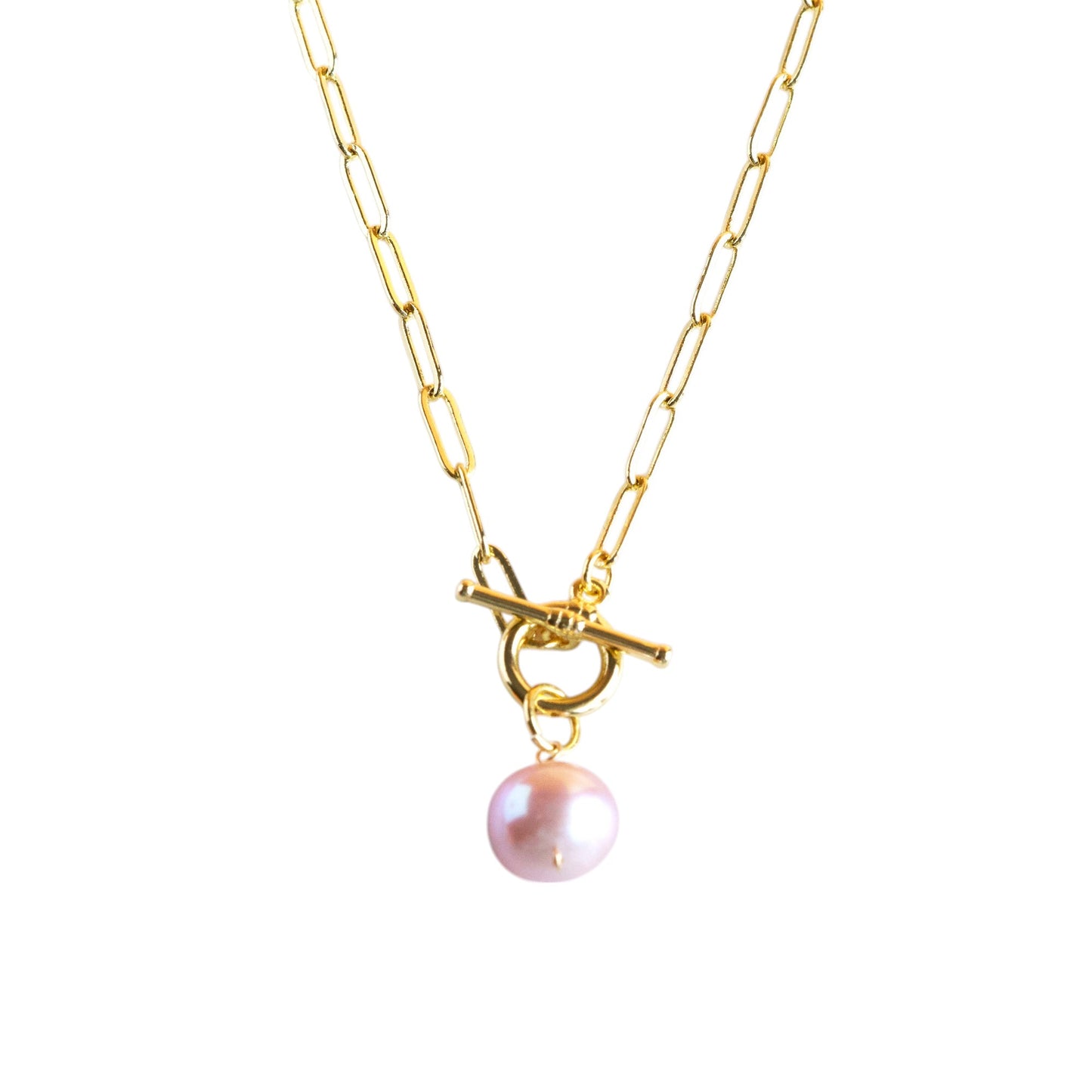 Limited Edition 18K Gold-Fill Paperclip Necklace with Rare Pink Freshwater Pearl & Toggle Clasp