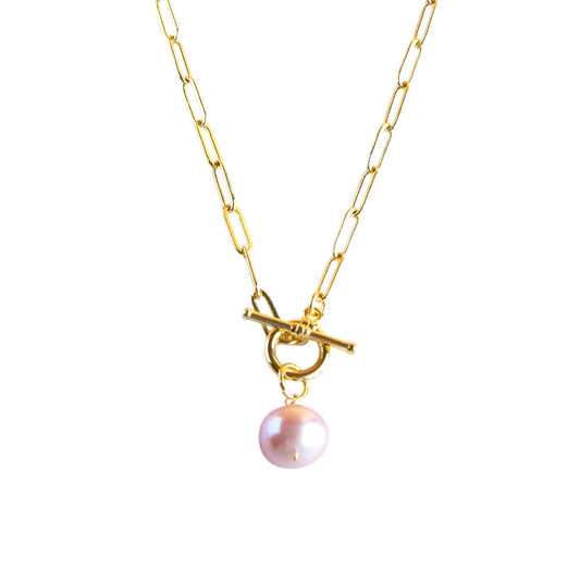 Limited Edition 18K Gold-Fill Paperclip Necklace with Rare Pink Freshwater Pearl & Toggle Clasp