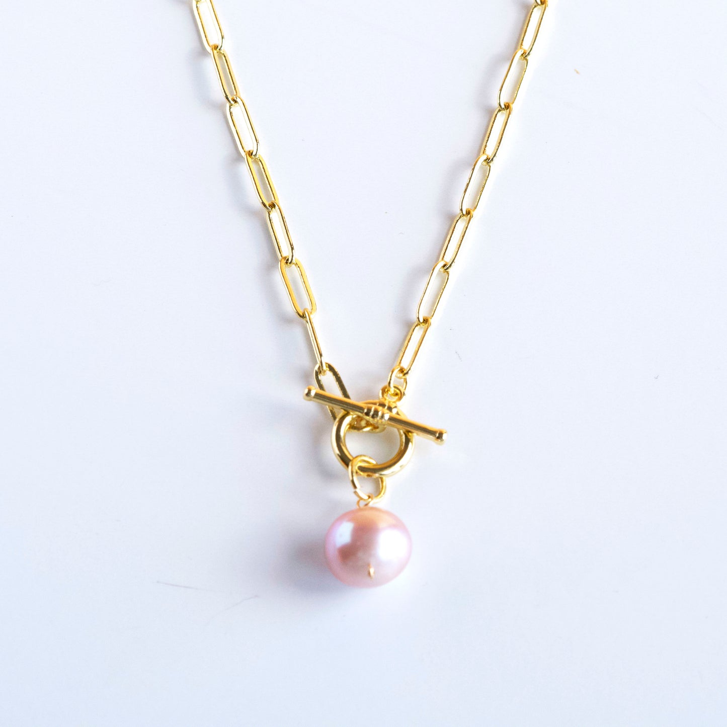 Limited Edition 18K Gold-Fill Paperclip Necklace with Rare Pink Freshwater Pearl & Toggle Clasp