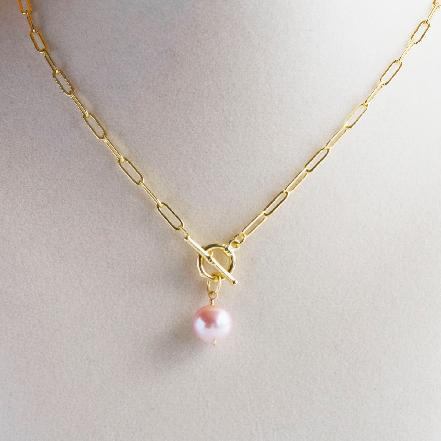 Limited Edition 18K Gold-Fill Paperclip Necklace with Rare Pink Freshwater Pearl & Toggle Clasp