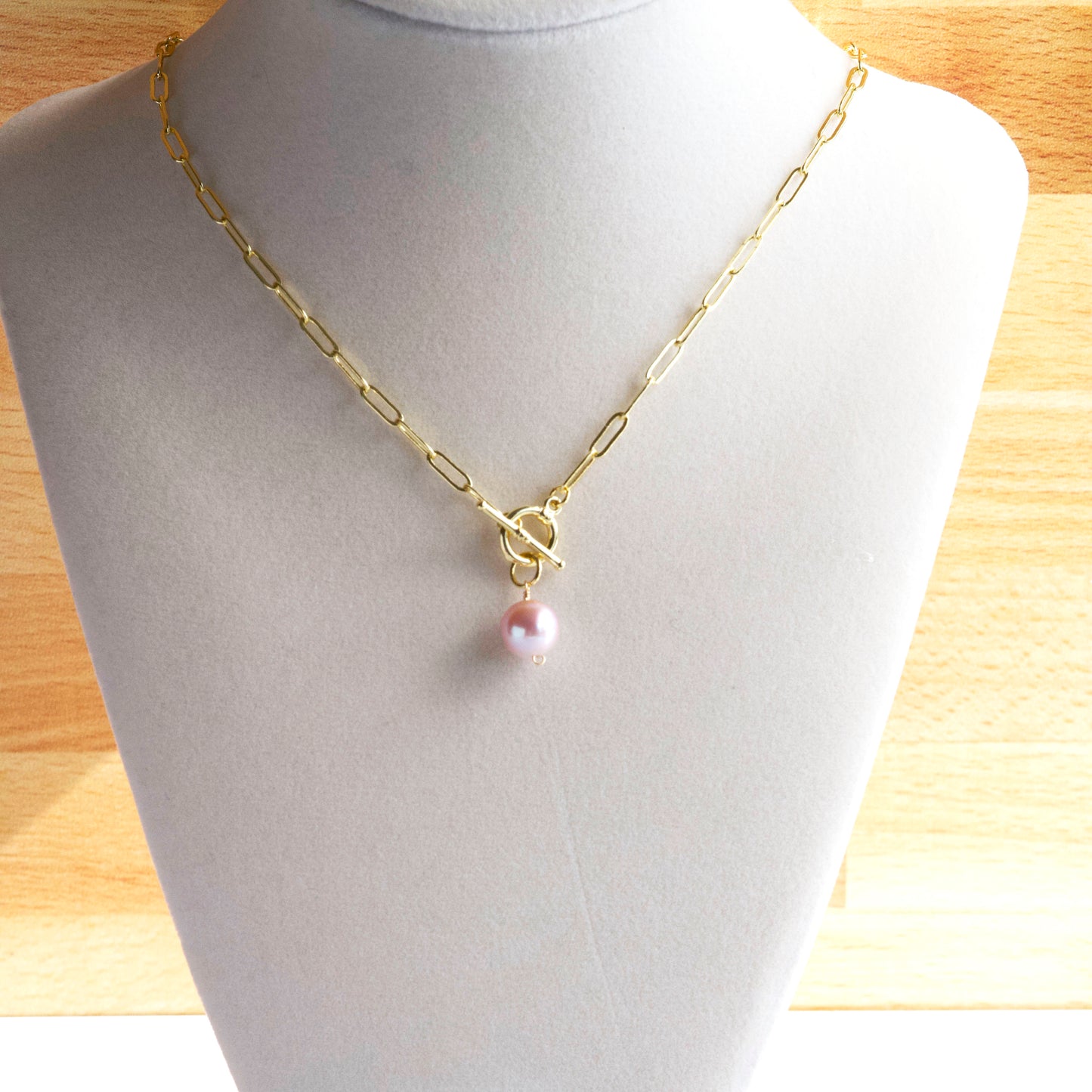 Limited Edition 18K Gold-Fill Paperclip Necklace with Rare Pink Freshwater Pearl & Toggle Clasp