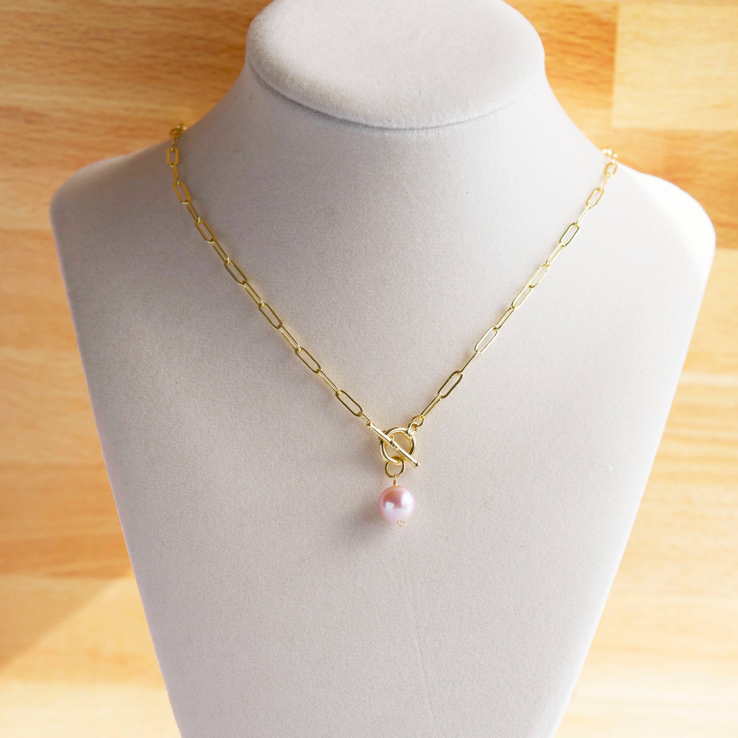 Limited Edition 18K Gold-Fill Paperclip Necklace with Rare Pink Freshwater Pearl & Toggle Clasp