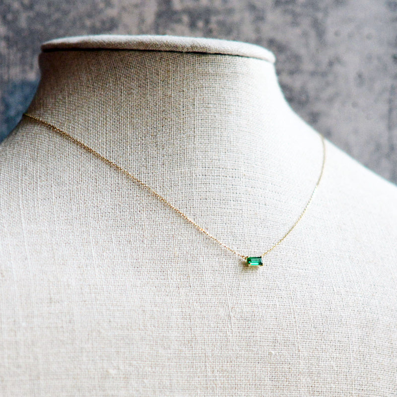 14K Solid Gold Green Baquette Necklace