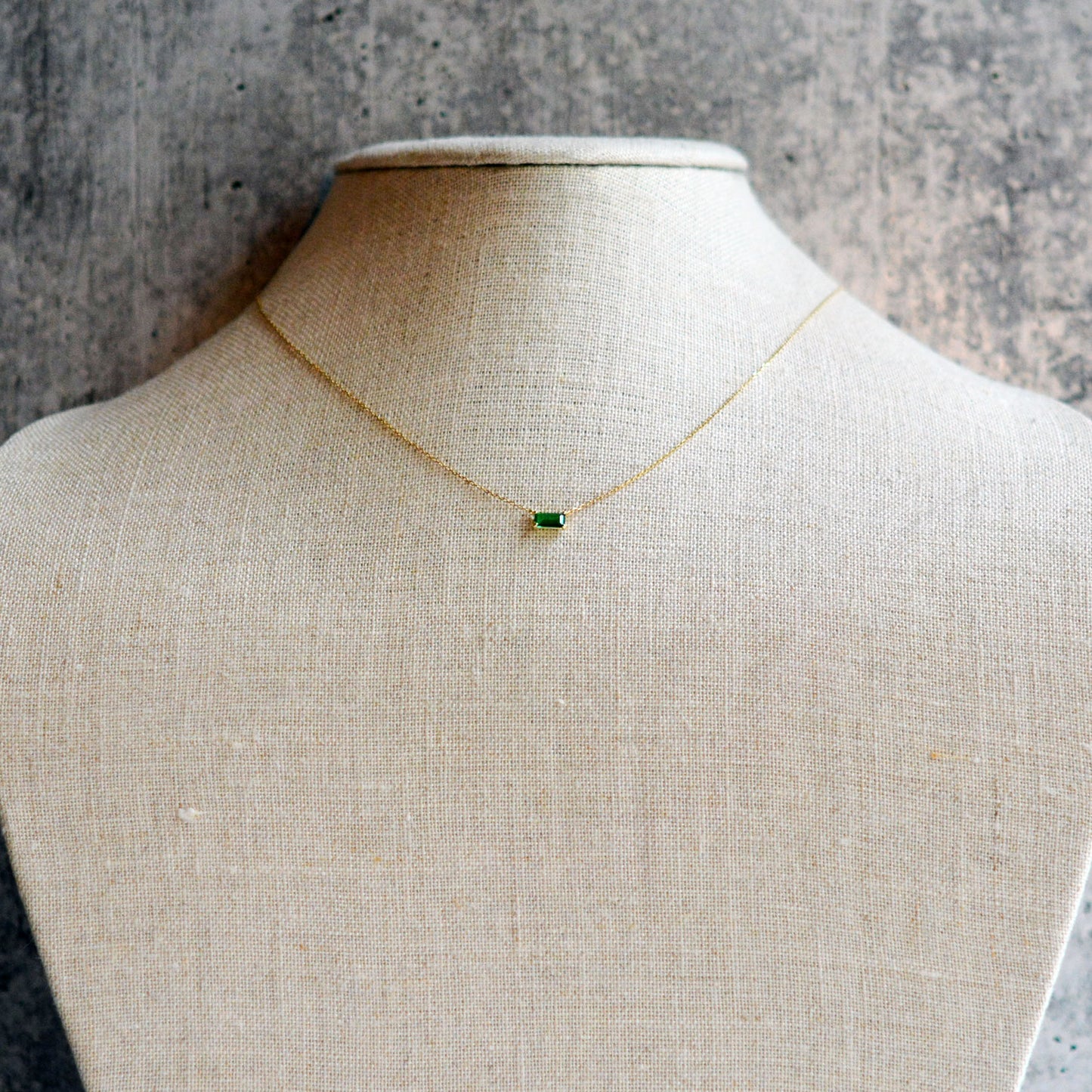 14K Solid Gold Green Baquette Necklace