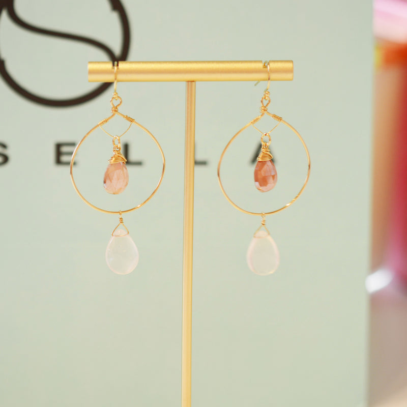 Gold Fill Hoop Earrings with Moonstone and Rose quarts gemstones