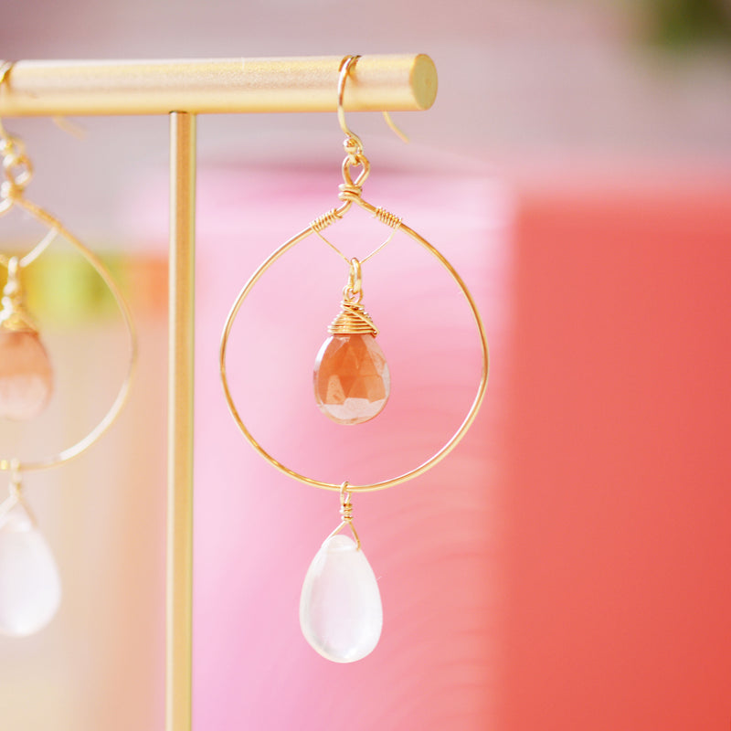 Gold Fill Hoop Earrings with Moonstone and Rose quarts gemstones