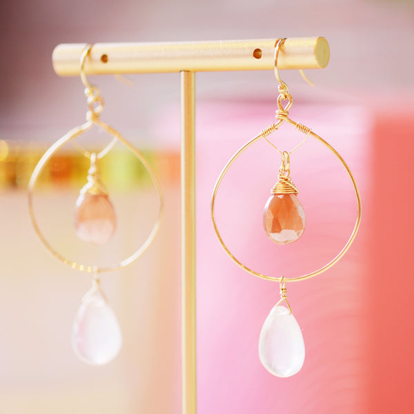 Gold Fill Hoop Earrings with Moonstone and Rose quarts gemstones