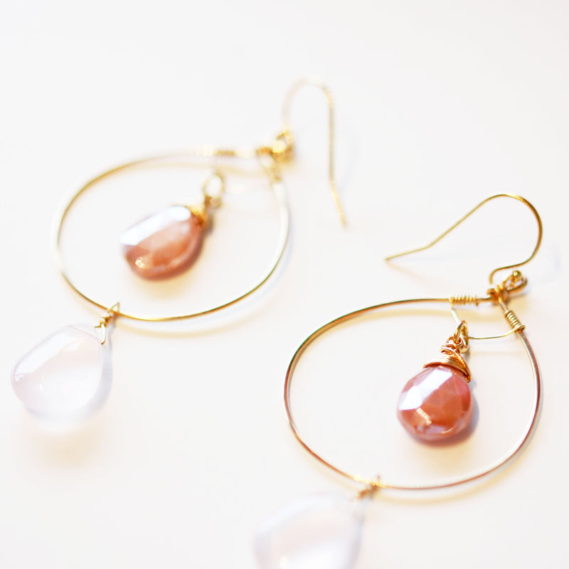 Gold Fill Hoop Earrings with Moonstone and Rose quarts gemstones