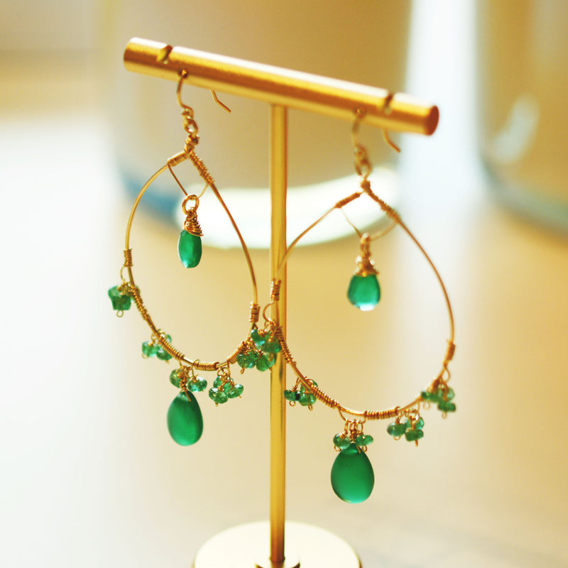 18K Gold Fill Emerald and Green Onyx Hoop Earrings