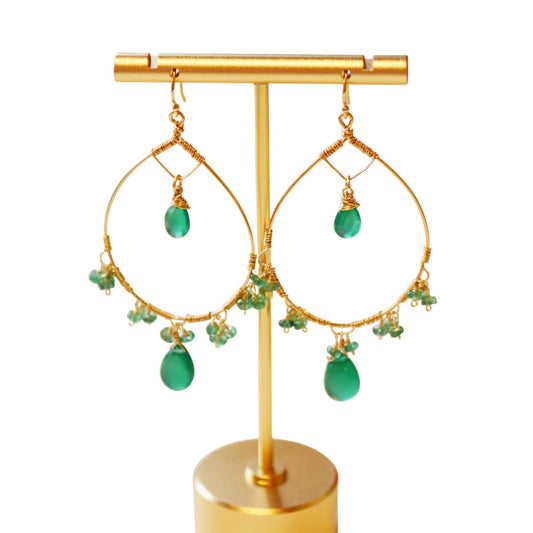 18K Gold Fill Emerald and Green Onyx Hoop Earrings