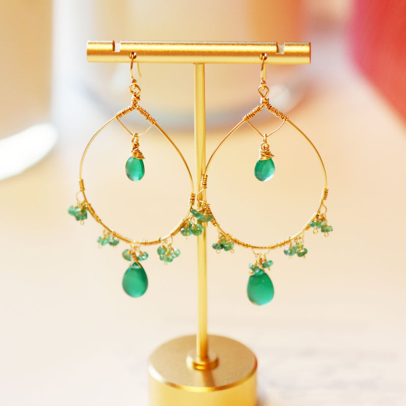 18K Gold Fill Emerald and Green Onyx Hoop Earrings