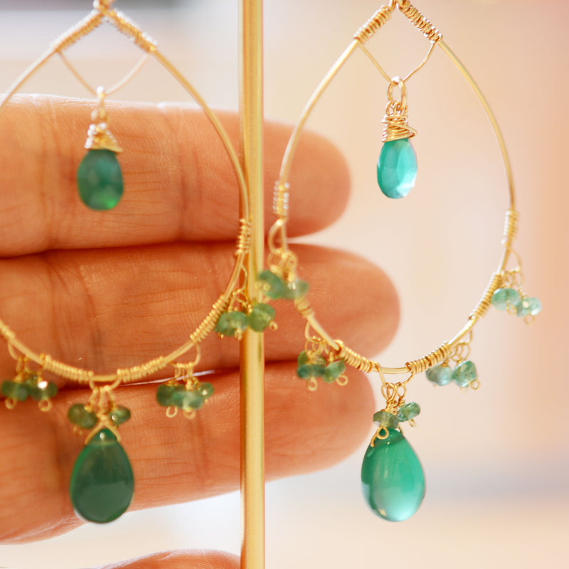 18K Gold Fill Emerald and Green Onyx Hoop Earrings