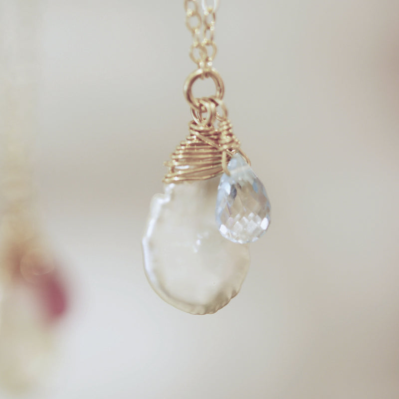 Keshi Pearl Necklace with a Pink Sapphire and Sky Blue Topaz