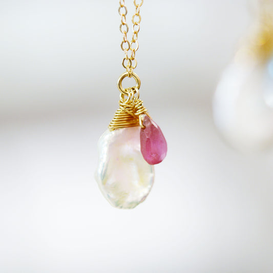 Keshi Pearl Necklace with a Pink Sapphire and Sky Blue Topaz