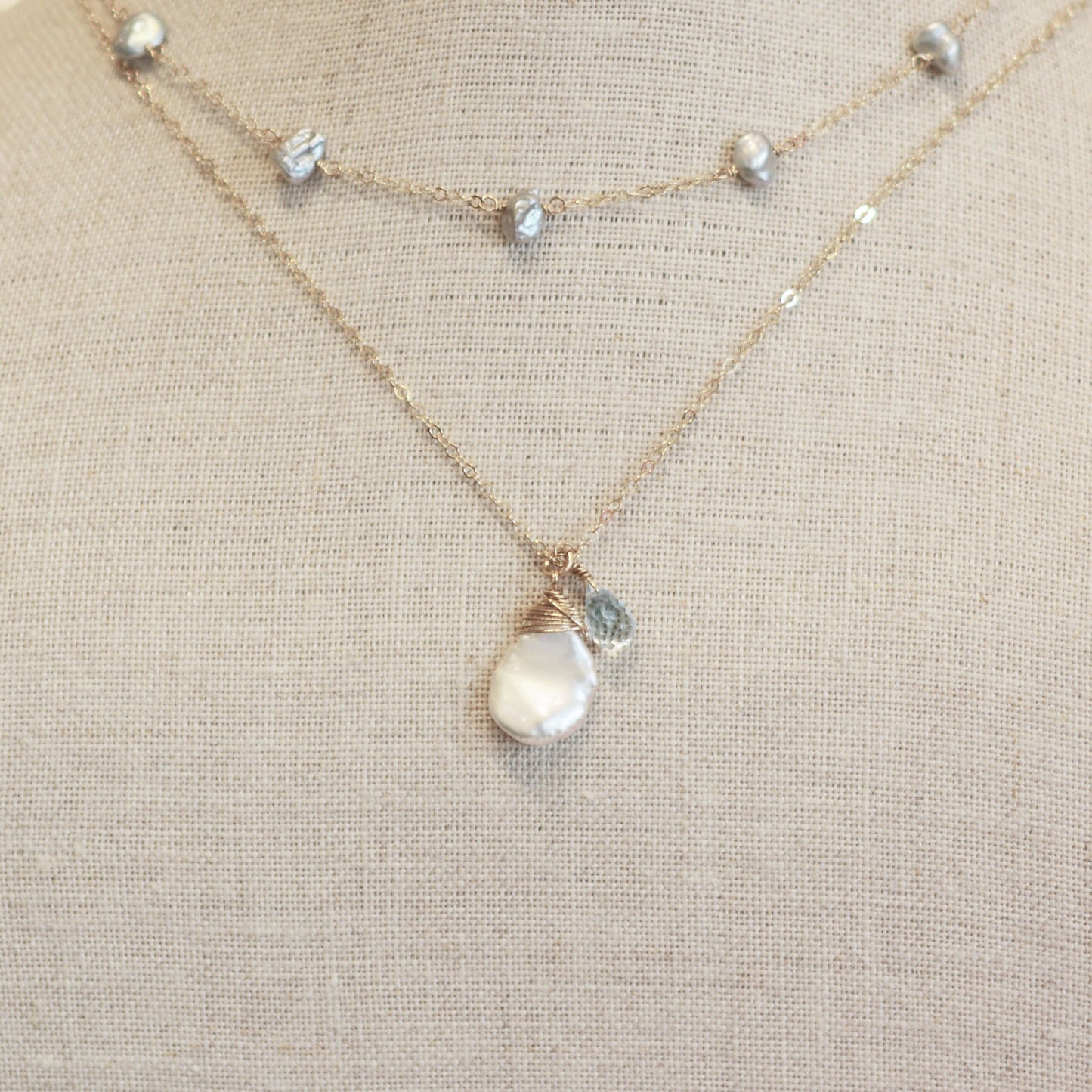 Keshi Pearl Necklace with a Pink Sapphire and Sky Blue Topaz