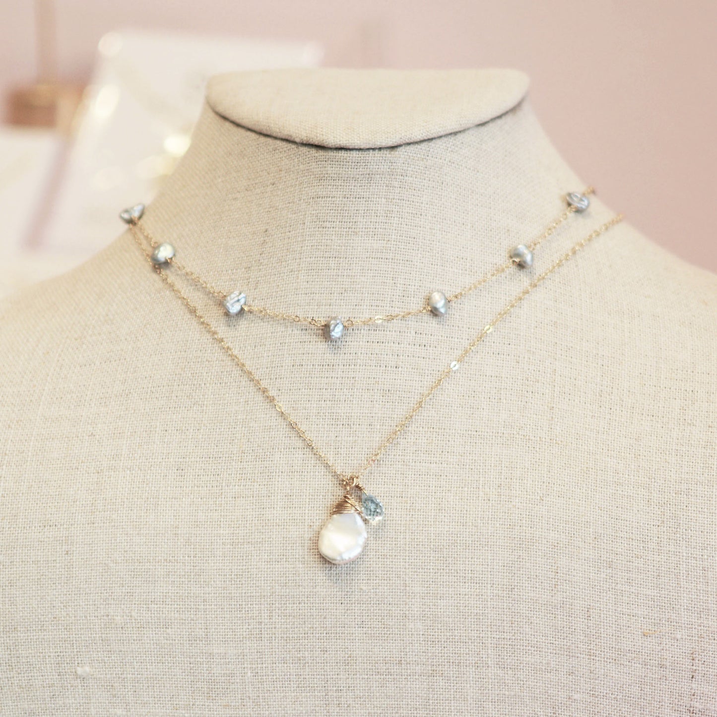 Keshi Pearl Necklace with a Pink Sapphire and Sky Blue Topaz