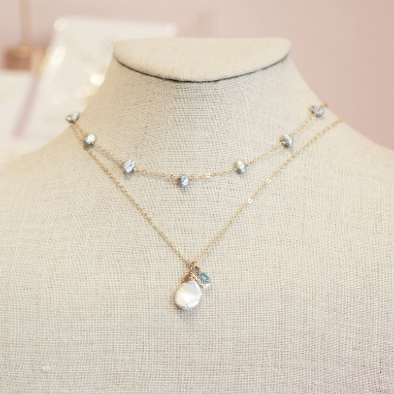 Keshi Pearl Necklace with a Pink Sapphire and Sky Blue Topaz