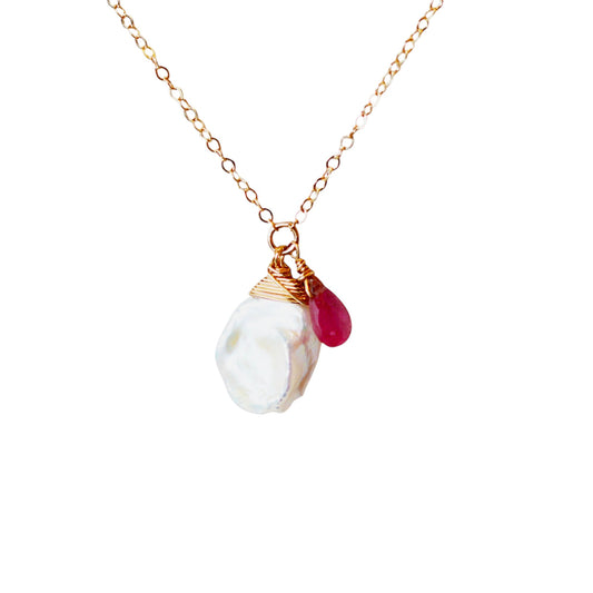 Keshi Pearl Necklace with a Pink Sapphire and Sky Blue Topaz