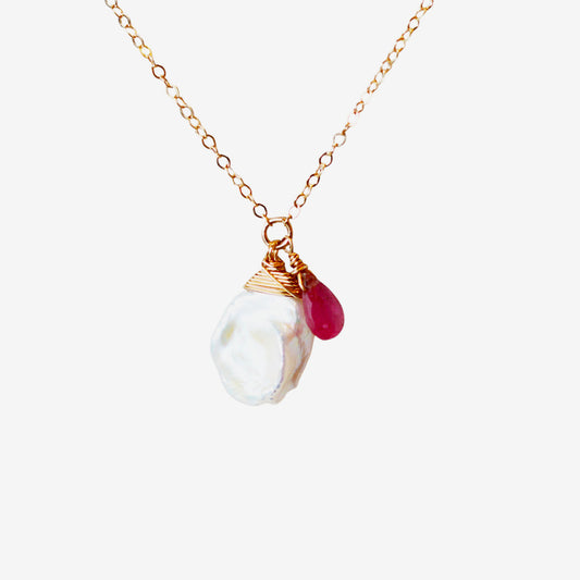 Keshi Pearl Necklace with a Pink Sapphire and Sky Blue Topaz