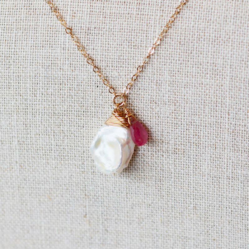 Keshi Pearl Necklace with a Pink Sapphire and Sky Blue Topaz