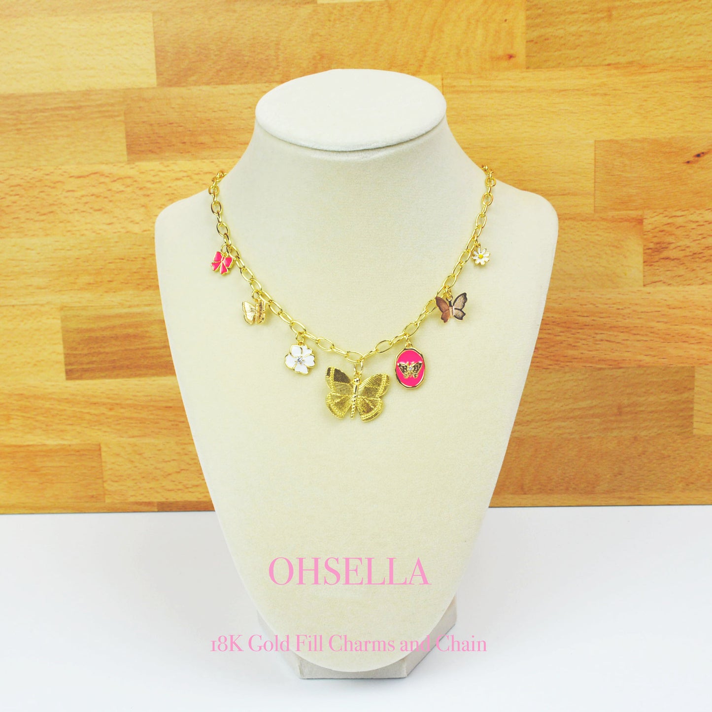 Butterfly, Flower, Ribbon Charm Necklace