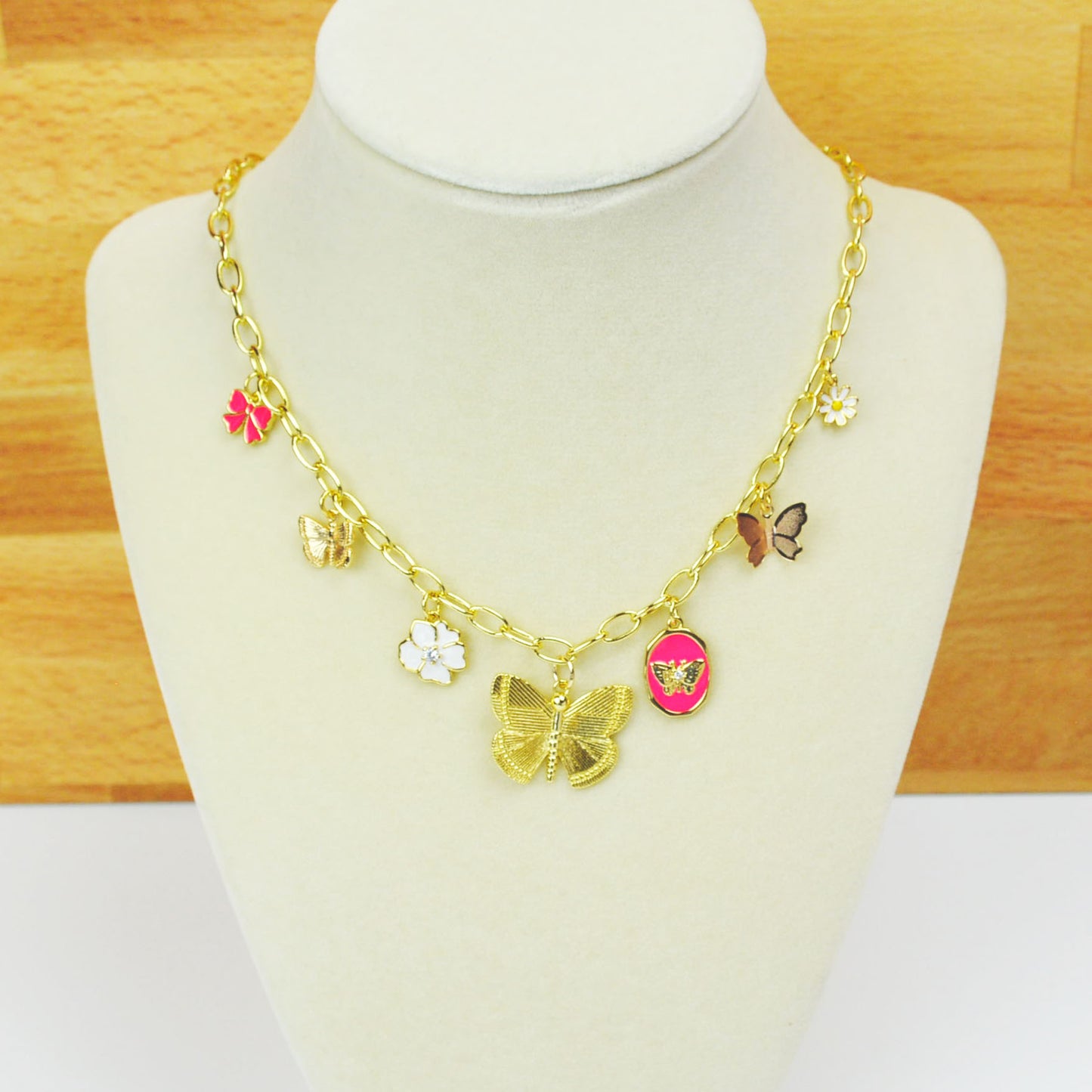 Butterfly, Flower, Ribbon Charm Necklace