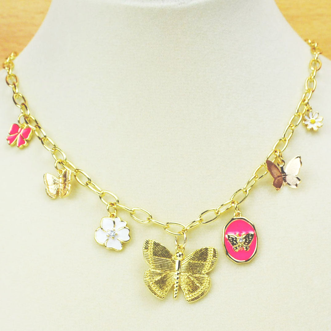 Butterfly, Flower, Ribbon Charm Necklace