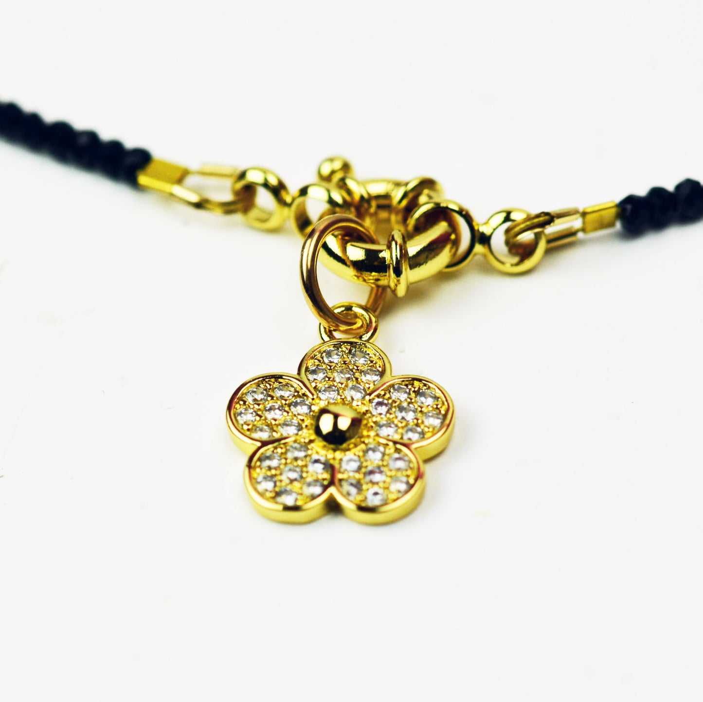 Delicate Black Spinel Beaded Necklace with Sailor Clasp with Sparkly Daisy Charm