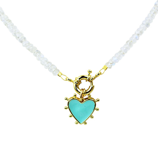 Rainbow Moonstone Beaded Necklace with 24K Gold Filled Sailor Clap and Heart Charm