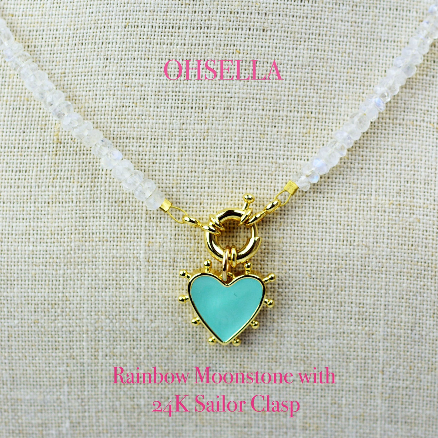 Rainbow Moonstone Beaded Necklace with 24K Gold Filled Sailor Clap and Heart Charm