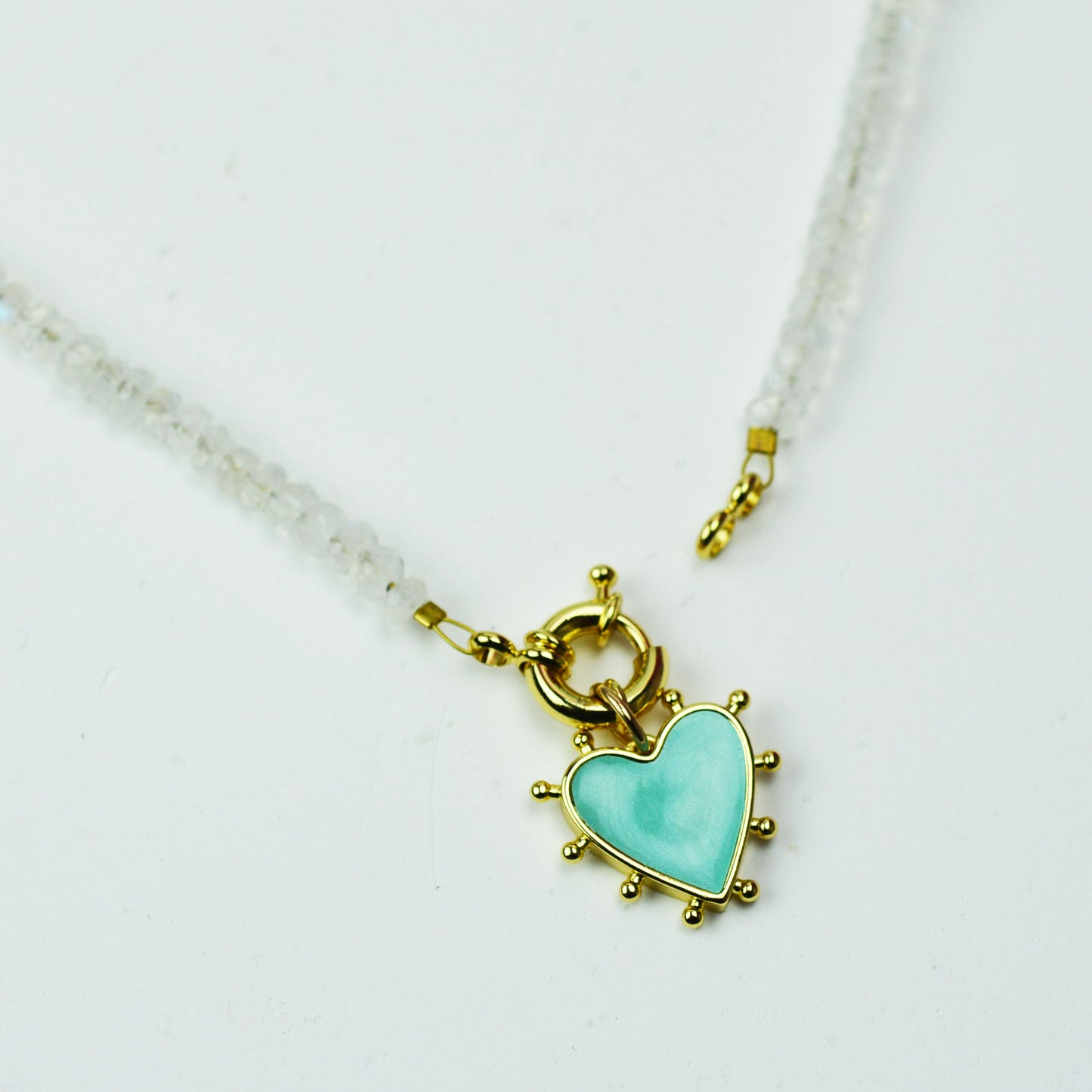 Rainbow Moonstone Beaded Necklace with 24K Gold Filled Sailor Clap and Heart Charm