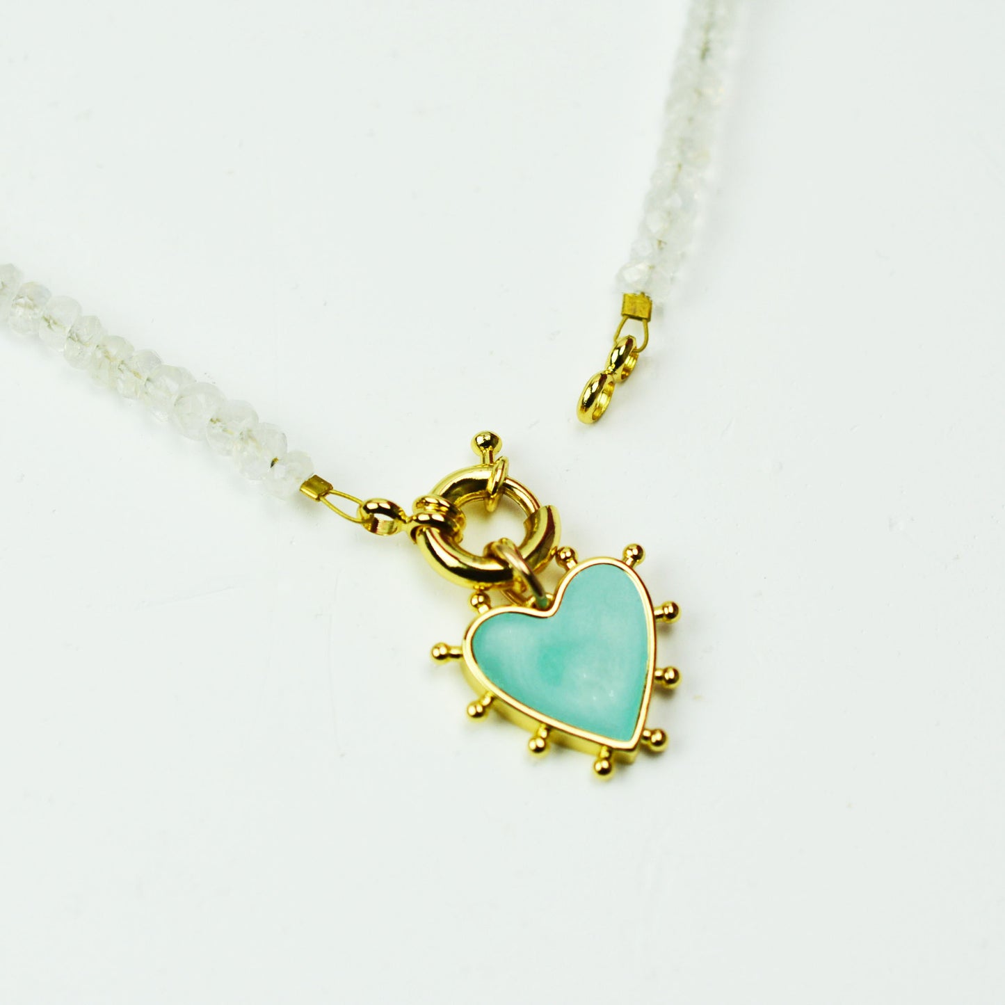 Rainbow Moonstone Beaded Necklace with 24K Gold Filled Sailor Clap and Heart Charm