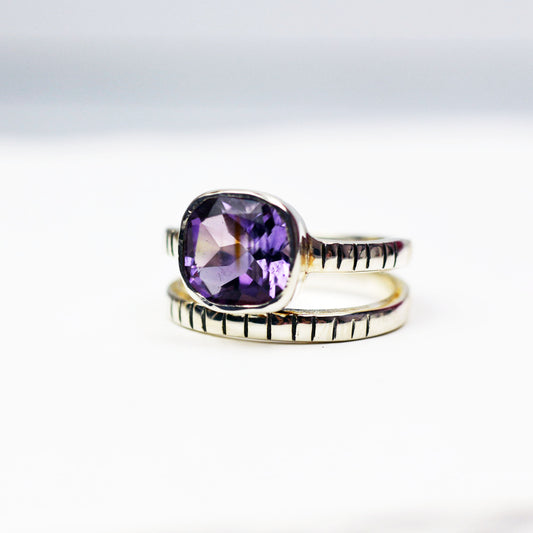 Sterling Silver Square Cut Amethyst Ring