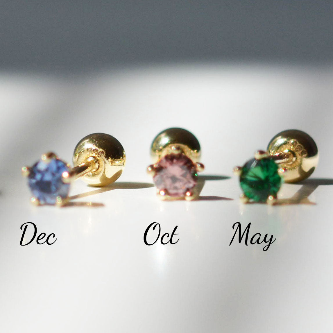 14K Solid Gold Birthstone Stud Earrings, Dainty 14K Gold Screw Back