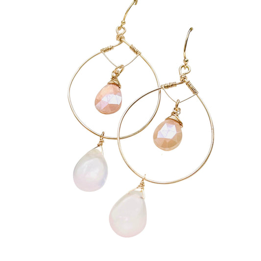 Gold Fill Hoop Earrings with Moonstone and Rose quarts gemstones