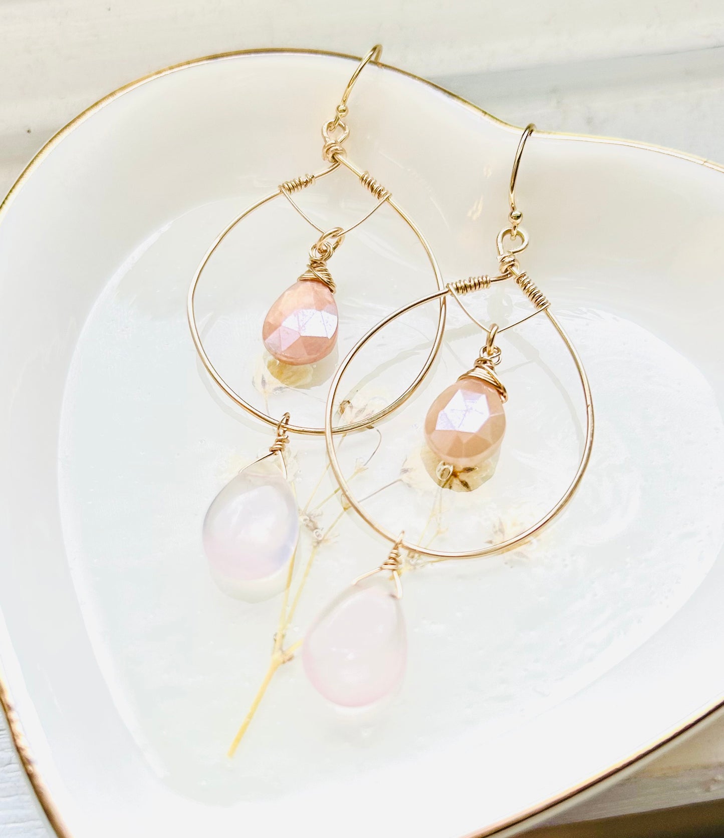 Gold Fill Hoop Earrings with Moonstone and Rose quarts gemstones