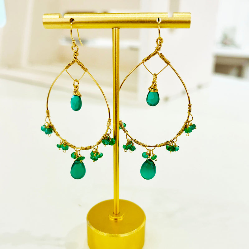 18K Gold Fill Emerald and Green Onyx Hoop Earrings