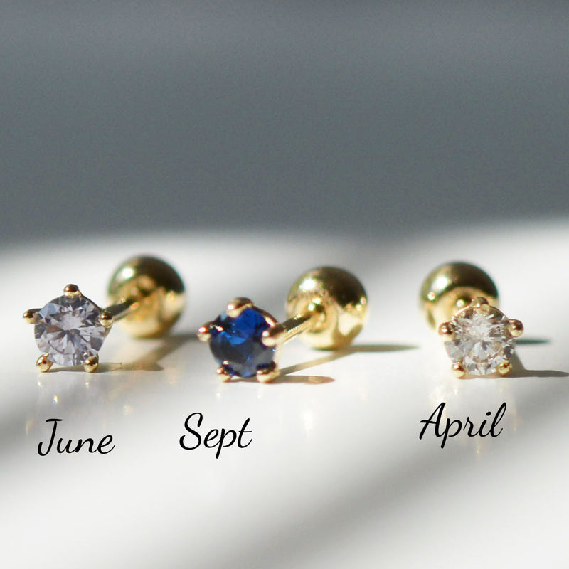 14K Solid Gold Birthstone Stud Earrings, Dainty 14K Gold Screw Back