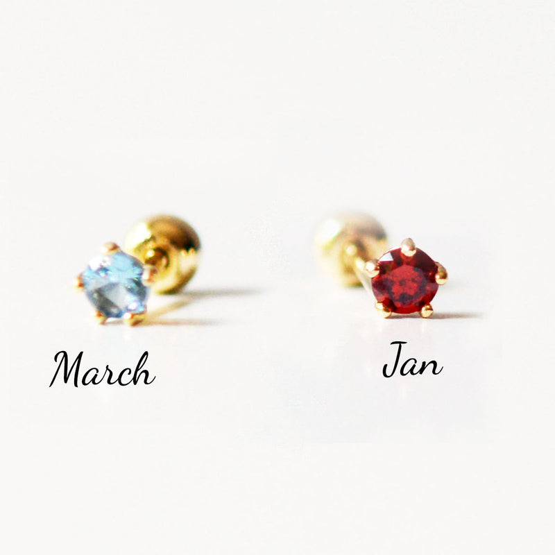 14K Solid Gold Birthstone Stud Earrings, Dainty 14K Gold Screw Back