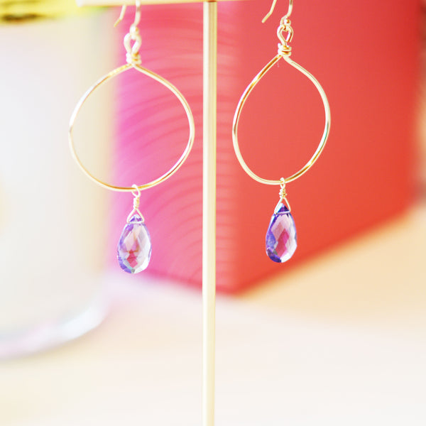 Amethyst drop Hoop Earrings