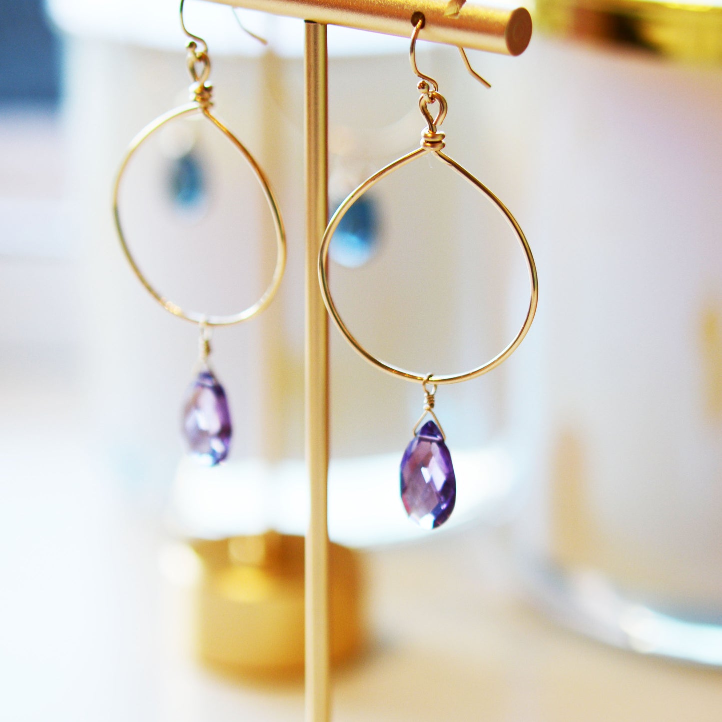 Amethyst drop Hoop Earrings